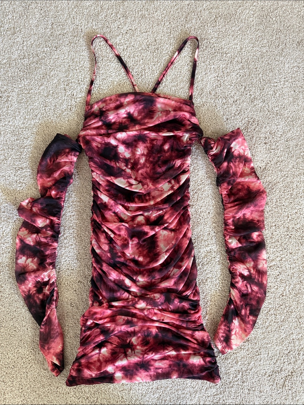 Ruched Tie-Dye Mini Dress in Pink and Black